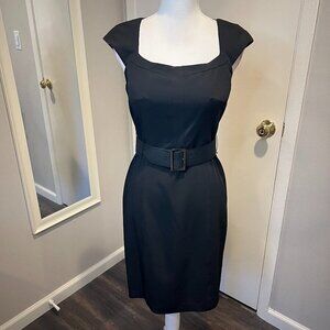 NWT Chetta B sunhee Black Cap Sleeve Belted Midi Dress, Size 4